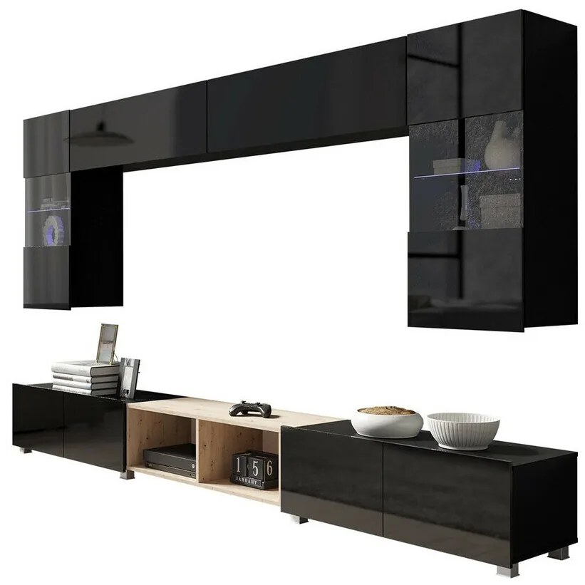 Camera de zi Providence B142Negru lucios, Negru, Stejar Artisan, Cu componente suplimentare, Părți separate, Cu comodă tv, PAL laminat, Sticlă, 300x43cm, 118 kg