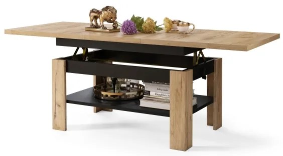 Masă extensibilă ROY pentru living și dining, cu blat rabatabil, stejar craft/negru
