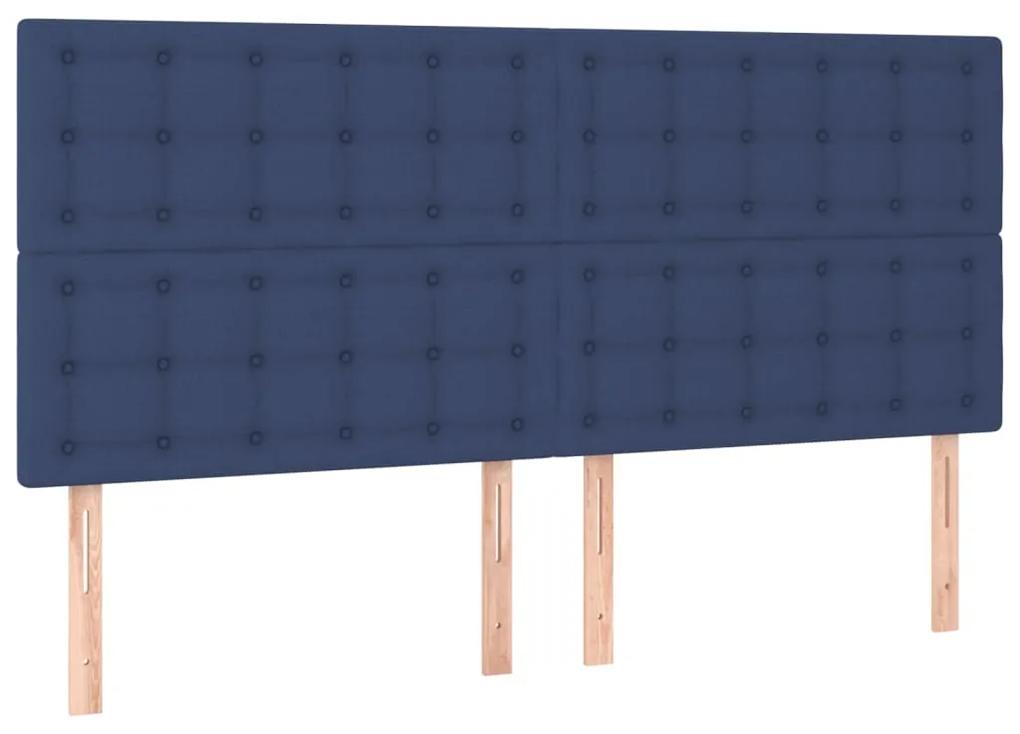 Pat cu arcuri, saltea si LED, albastru, 200x200 cm, textil Albastru, 200 x 200 cm, Nasturi de tapiterie