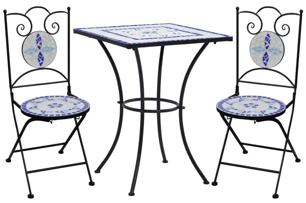 vidaXL Set de bistro mozaic, 3 piese, albastru &amp; alb, placă ceramică