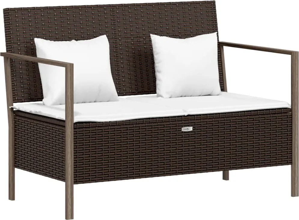 vidaXL Bancă de grădină cu 2 locuri, cu perne, maro, poliratan