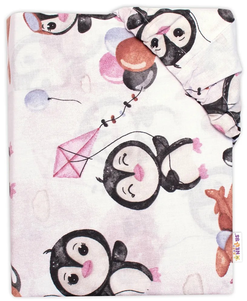 Baby Nellys Cearceaf de bumbac - Pinguinii, alb 140x70
