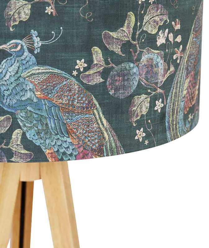 Lampa de podea modernă din lemn cu abajur din stofă negru cu model de păun 50 cm - Tripod Classic