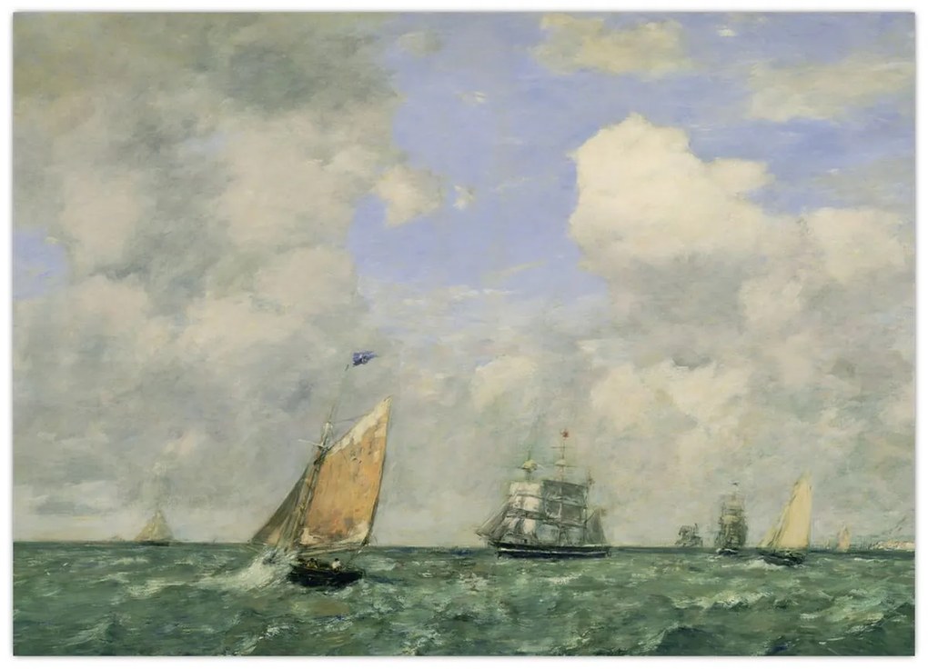 Tablou pe sticlă - Eugène Boudin, Ships and Sailing Boats Leaving Le Havre, reproducere (70x50 cm)