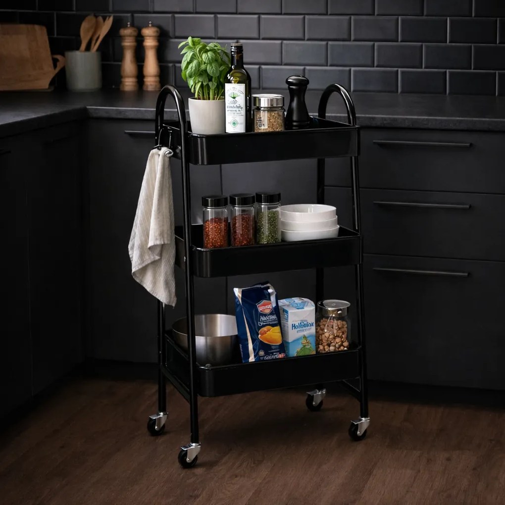 Cărucior metalic de bucătărie Storage Solutions cu3 rafturi 44 x 31,5 x 79,5 cm, negru
