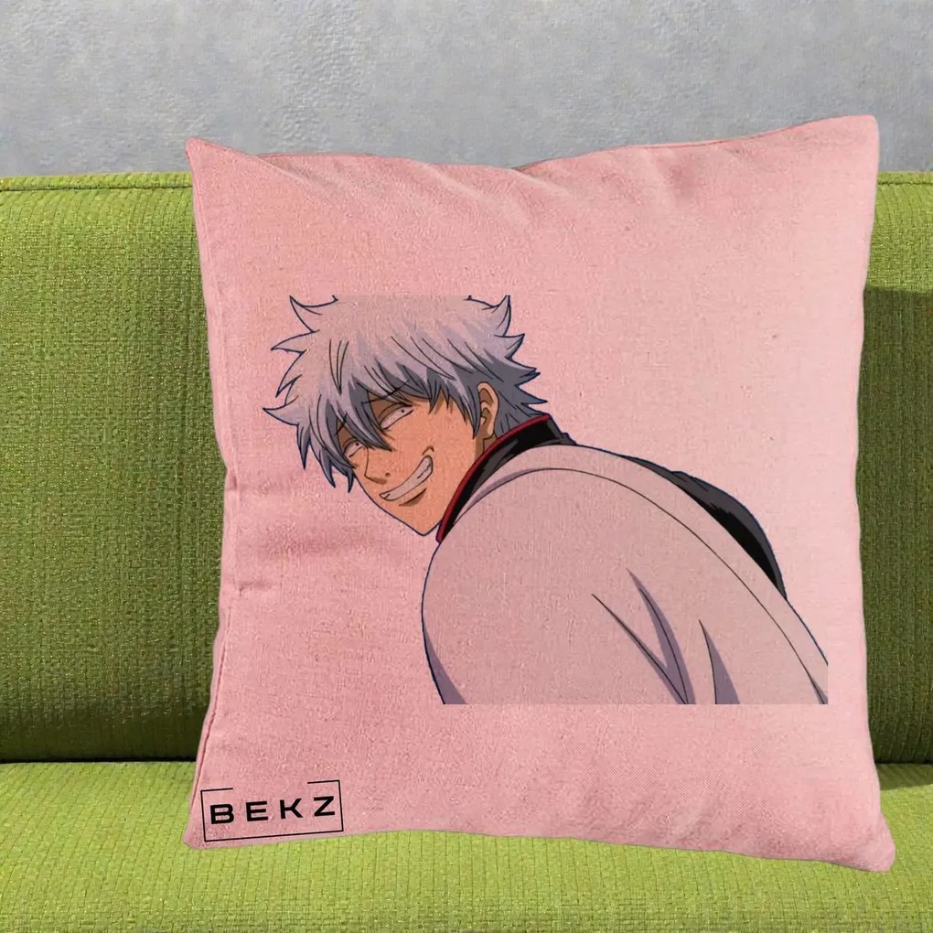 Perna Personalizata Gintama Gintoki Portret cu Zambet, 40x40 cm, Roz, Husa Detasabila, Perna Inclusa, BEKZ®
