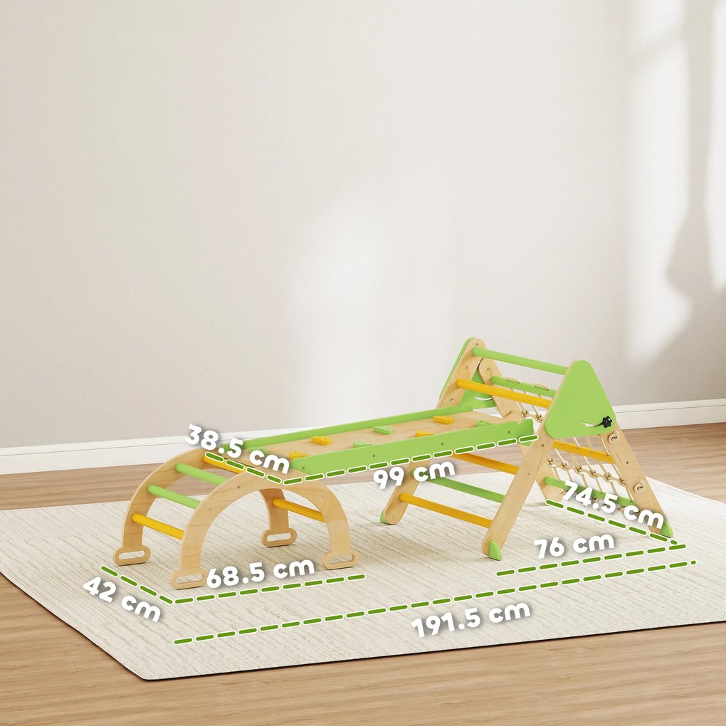 AIYAPLAY Set de Joacă pentru Copii 5 în 1 cu Triunghi, Perete Neted și Arc, din Lemn de Plop și Pin, 191.5x74.5x63 cm | Aosom Romania