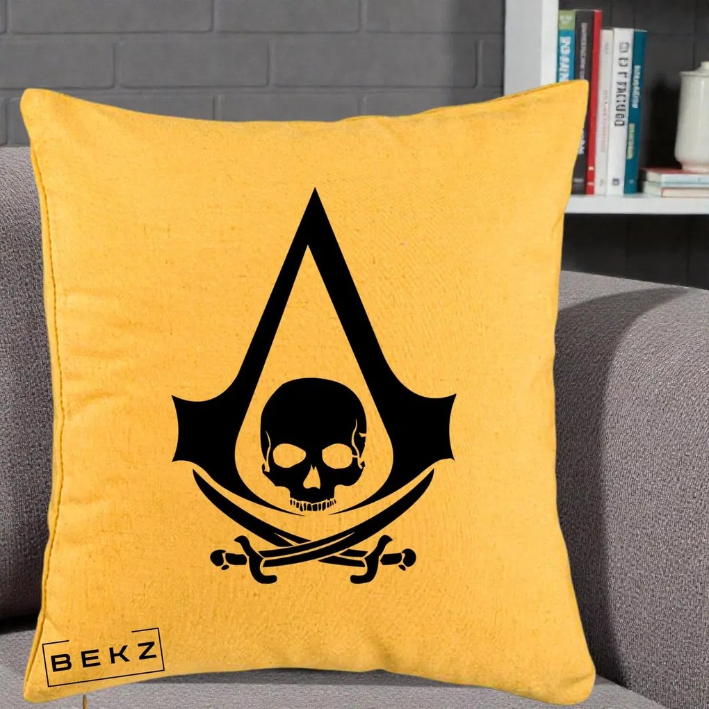 Perna Personalizata Assassin's Creed Black Flag Skull, 40x40 cm, Galben, Husa Detasabila, Perna Inclusa, BEKZ®