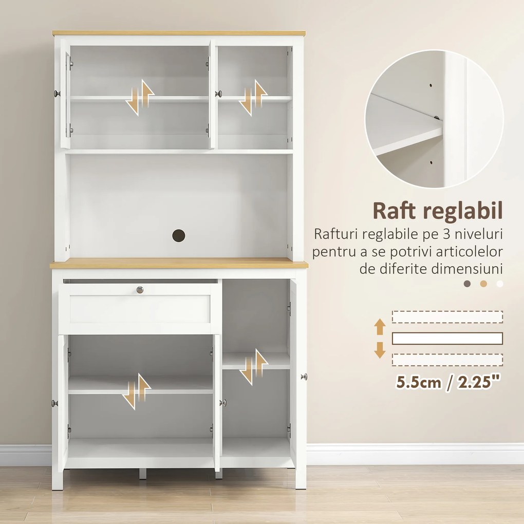 HOMCOM Bufet de Bucătărie cu Sertare, Rafturi Deschise și Rafturi Reglabile din Lemn MDF, 100x40x180 cm, Alb | Aosom Romania