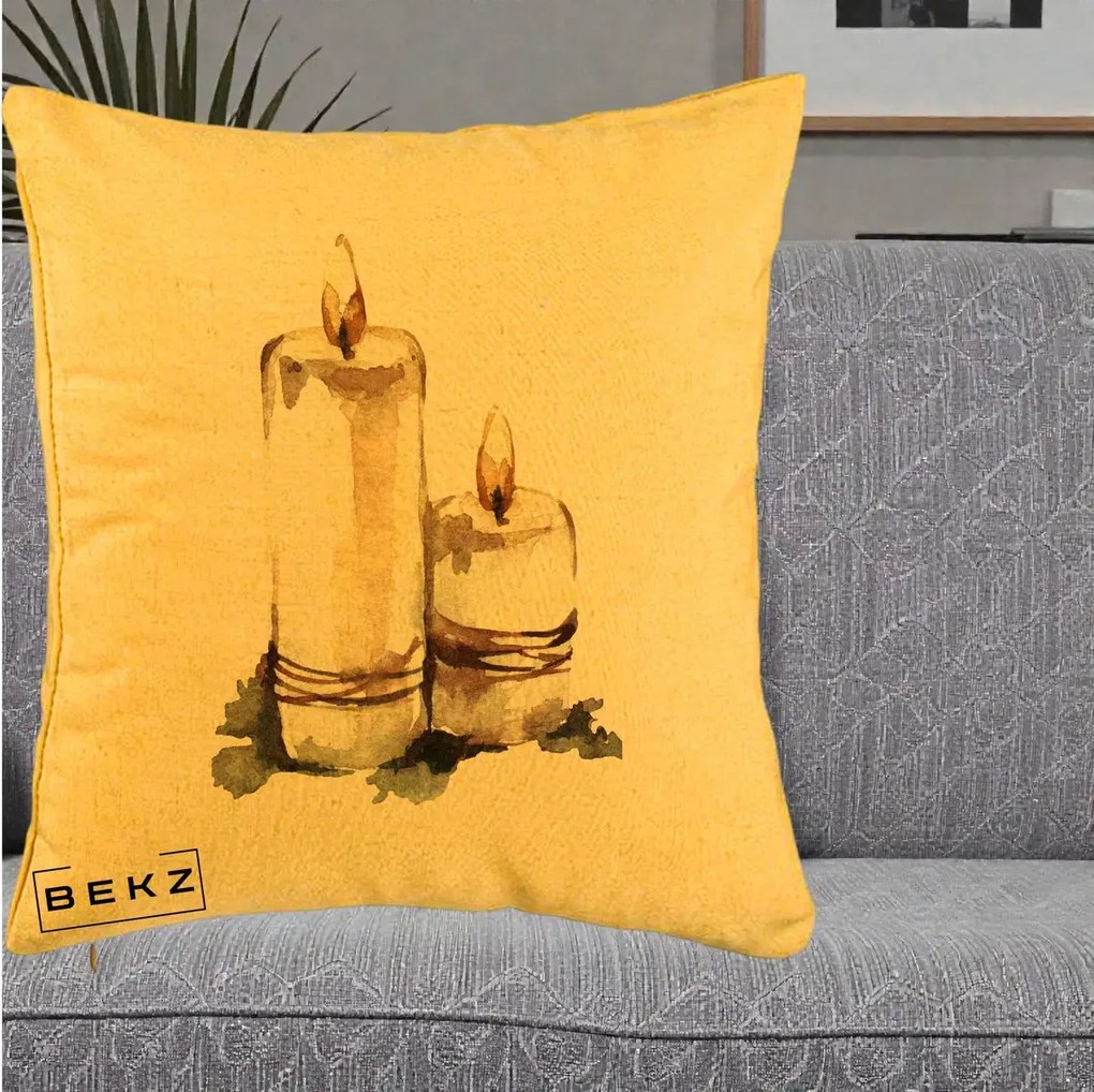 Perna Decorativa Lumanari Acuarela Iarna, 40x40 cm, Galben, Husa Detasabila, Perna Inclusa, BEKZ®