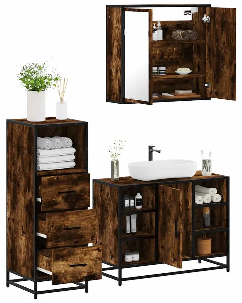 vidaXL Set mobilier de baie, 3 piese, stejar fumuriu, lemn prelucrat
