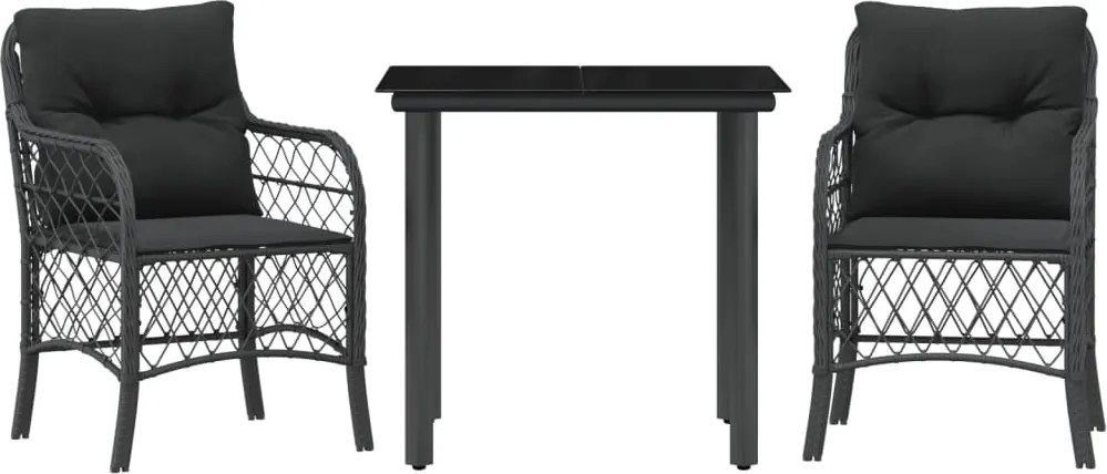 vidaXL Set bistro cu perne, 3 piese, negru, poliratan