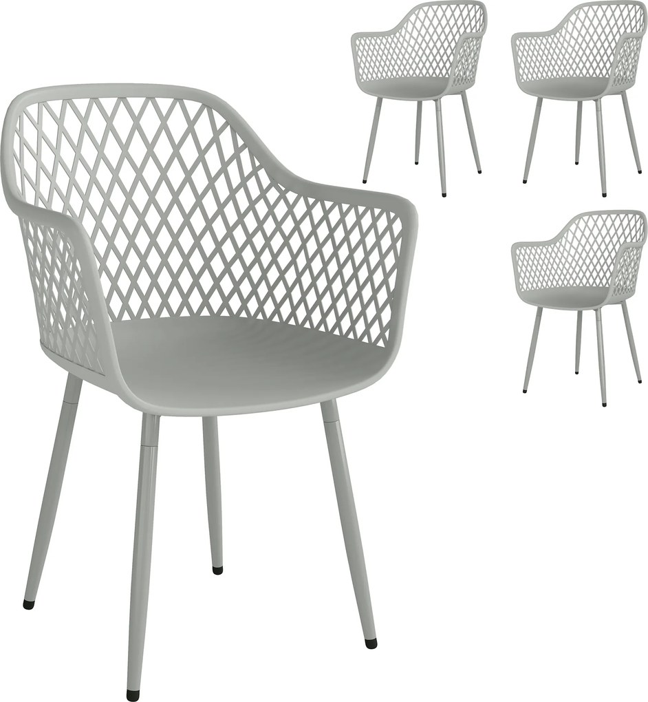 Outsunny Set de 4 Scaune de Grădină Exterioare din PP cu Spătar Diamant Șezut Anti-UV Cotiere și Picioare Metalice Gri | Aosom Romania
