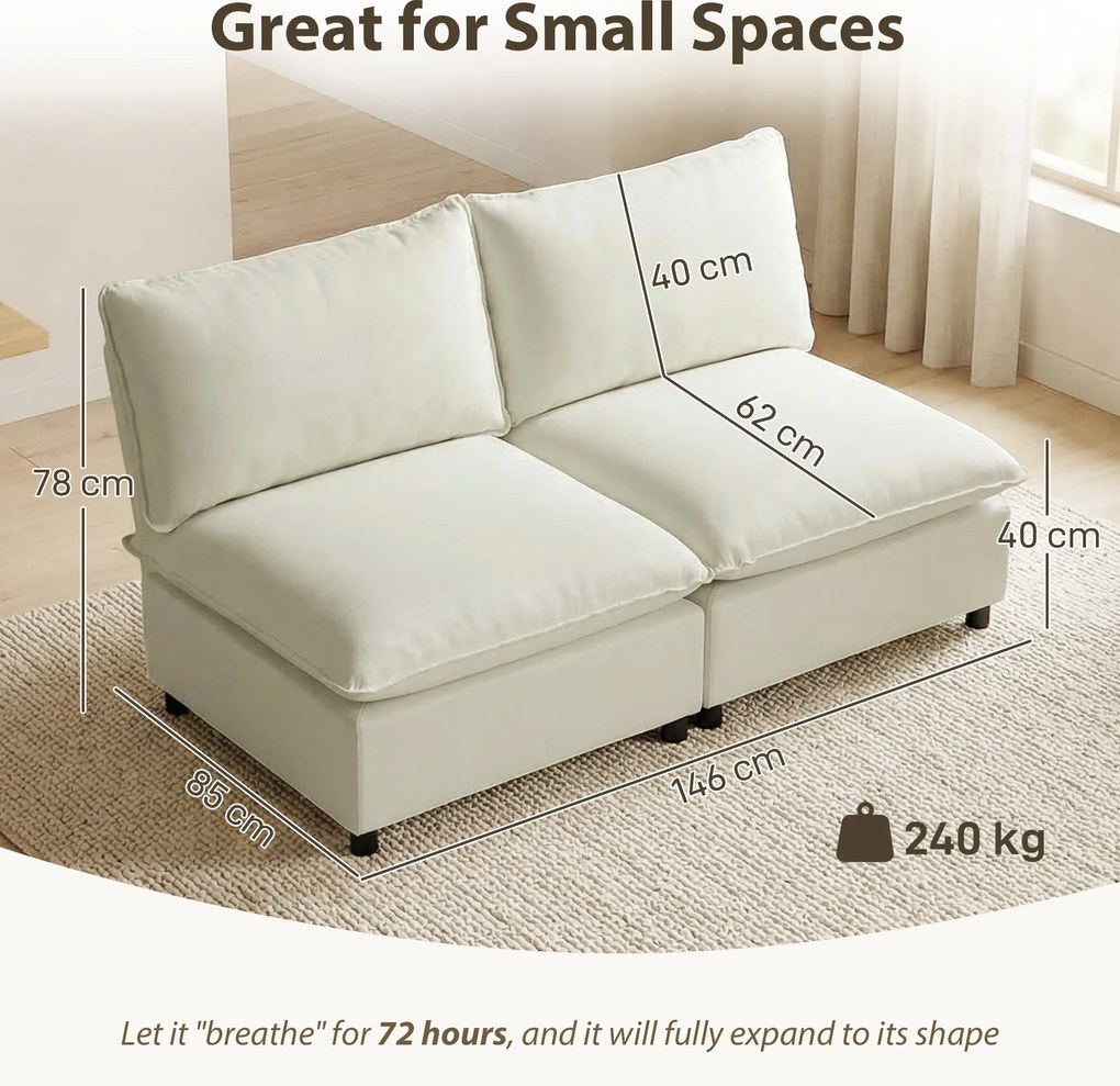 HOMCOM Canapea 2 locuri modulară, canapea de living modernă 146 cm fără brațe cu șezut larg, perne groase, crem | Aosom Romania