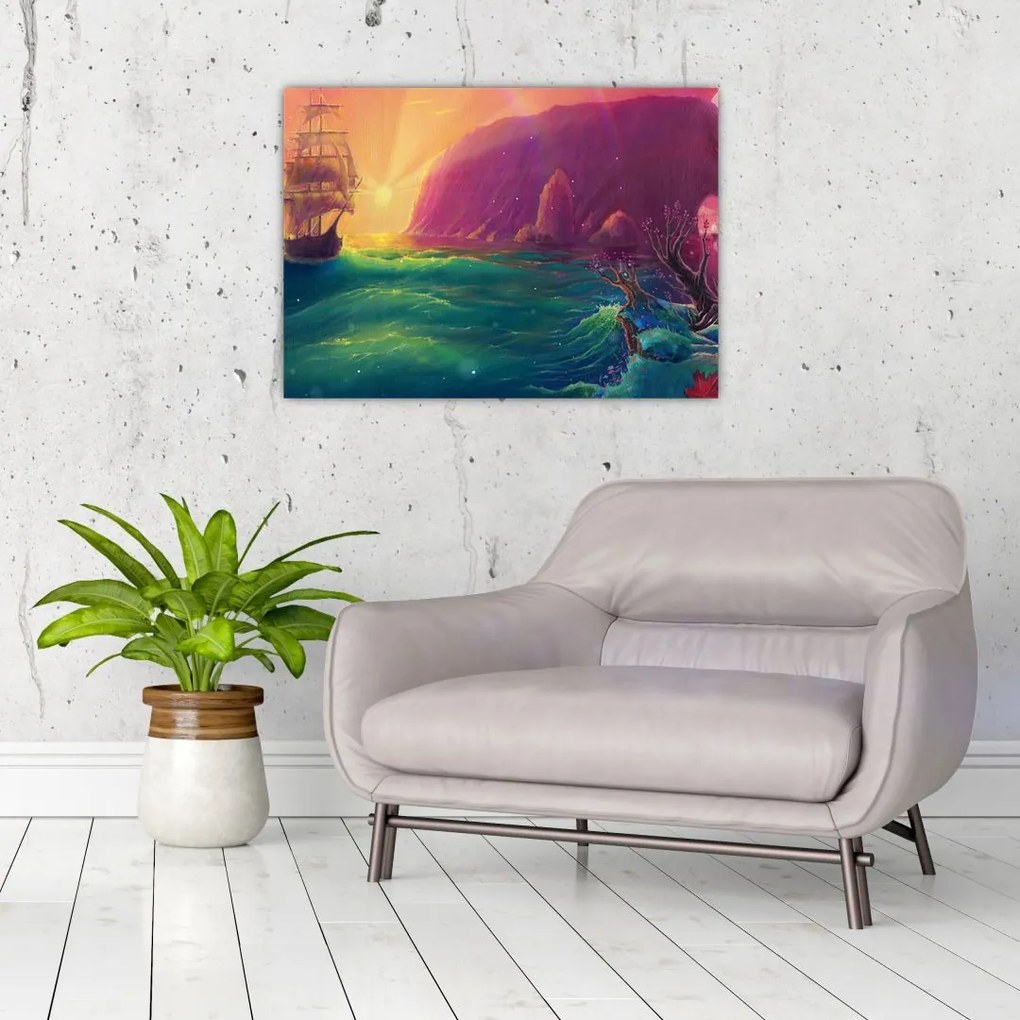Tablou pe sticlă - Pictură în ulei, călătorie într-un țărăm fantastic (70x50 cm)