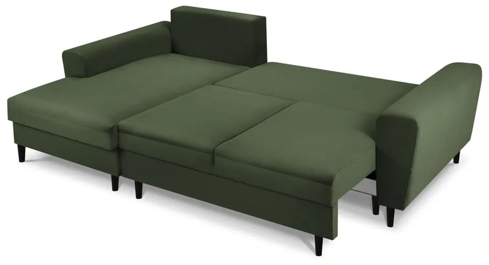 Colțar verde extensibil, cu spațiu de depozitare cu tapițerie din catifea reiată (cu colț pe partea stângă, cu șezlong) Kyoto – Cosmopolitan Design