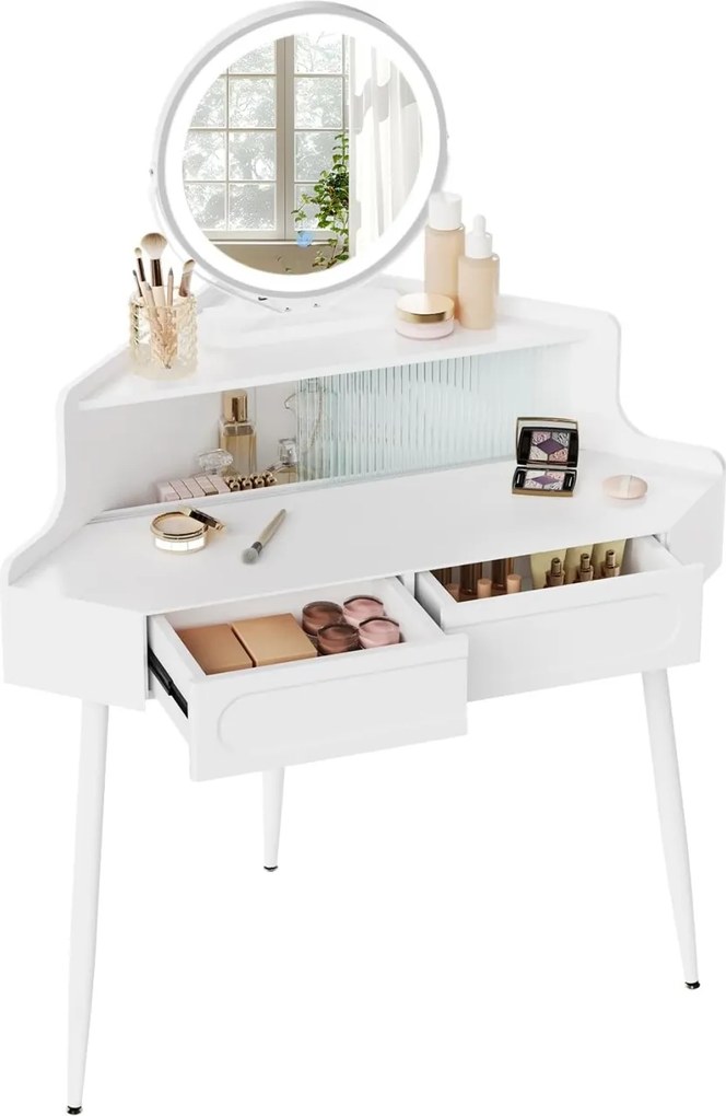 Masuta machiaj cu Oglinda LED si 2 Sertare pentru Cosmetice, Set Masa toaleta 90 cm, Alb, masuta cosmetica, vanity - SEA493