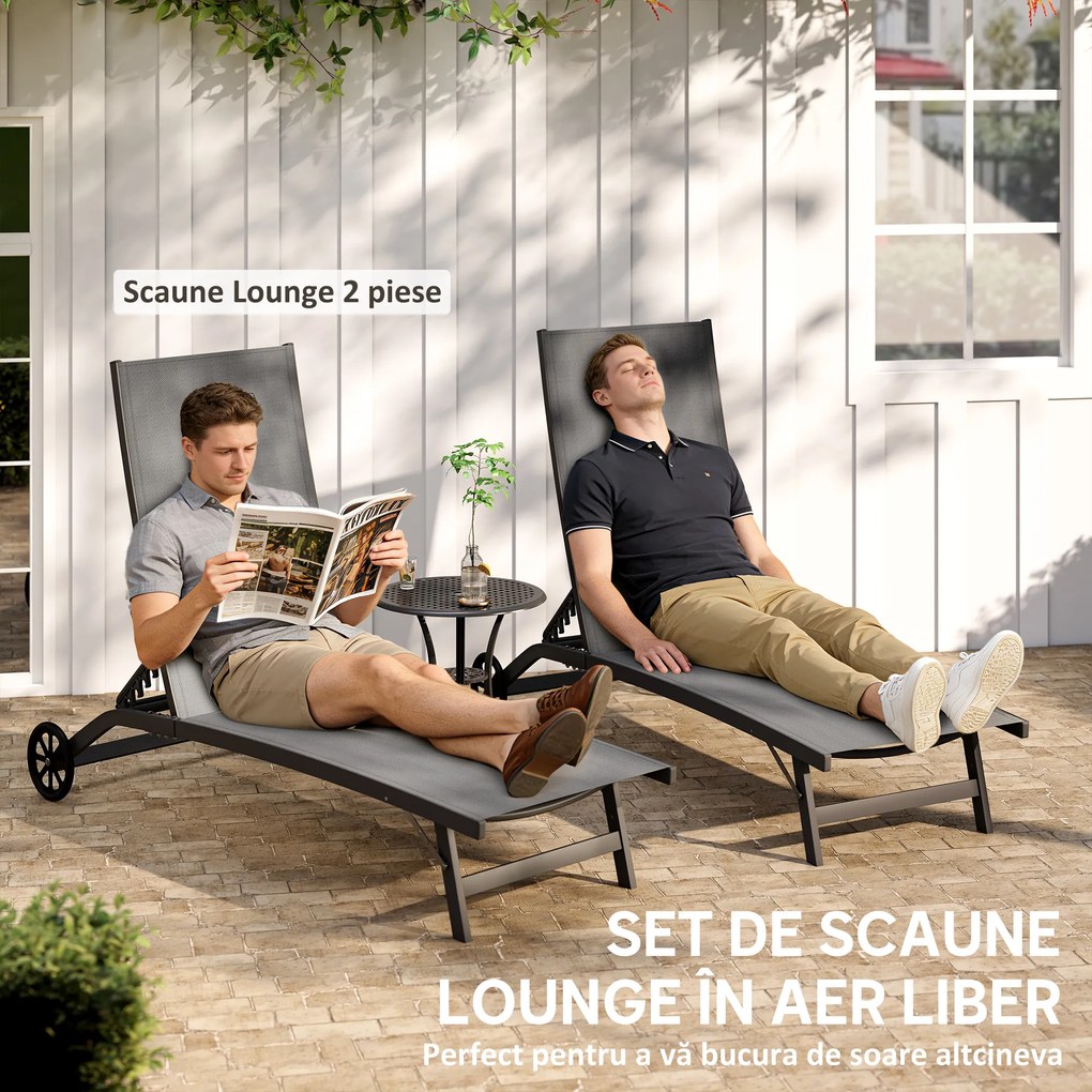 Outsunny Set de 2 Șezlonguri Rabatabile pe 5 Niveluri, Șezlonguri din Aluminiu și Țesătură Respirabilă, 66x165x102 cm, Albastru | Aosom Romania