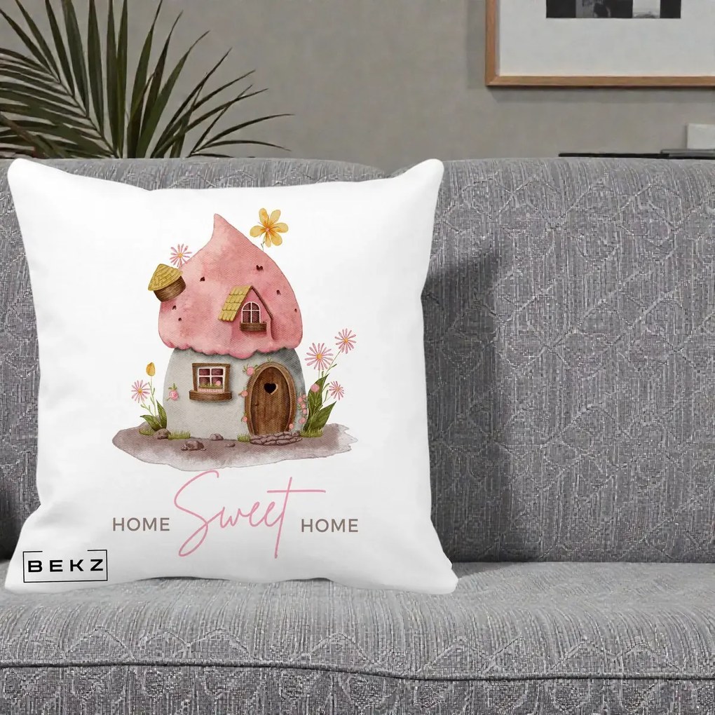 Perna Decorativa Home Sweet Home Casuta, 40x40 cm, Alba Mata, Husa Detasabila, Perna Inclusa, BEKZ®