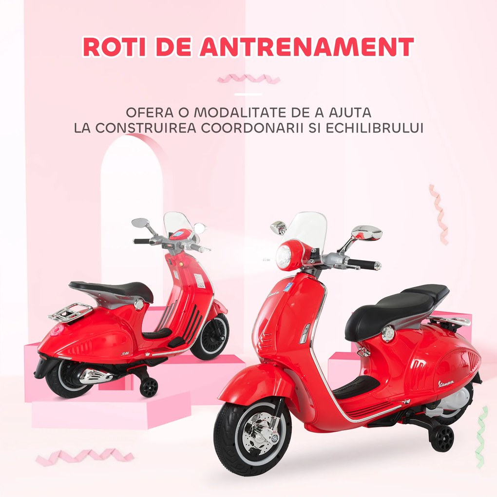 HOMCOM Motocicletă Electrică pentru Copii 3+ Ani, Motocicletă Jucărie din PP și Oțel cu 2 Roți Suplimentare, 108x49x75 cm, Roșie | Aosom Romania