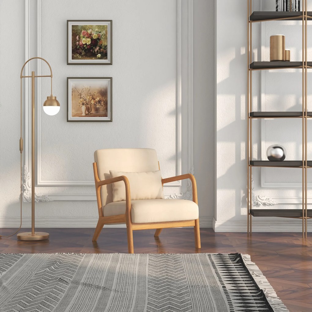 HOMCOM Fotoliu din catifea cu structură din lemn, cu umplutură din arcuri în formă de S și pernă, 61x78x76 cm, Bej | Aosom Romania