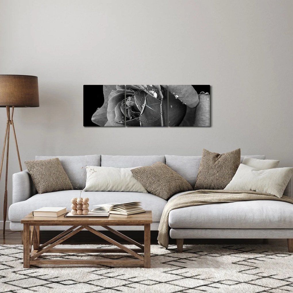 Tablou cu trandafir - albneagră (cu ceas) (90x30 cm)