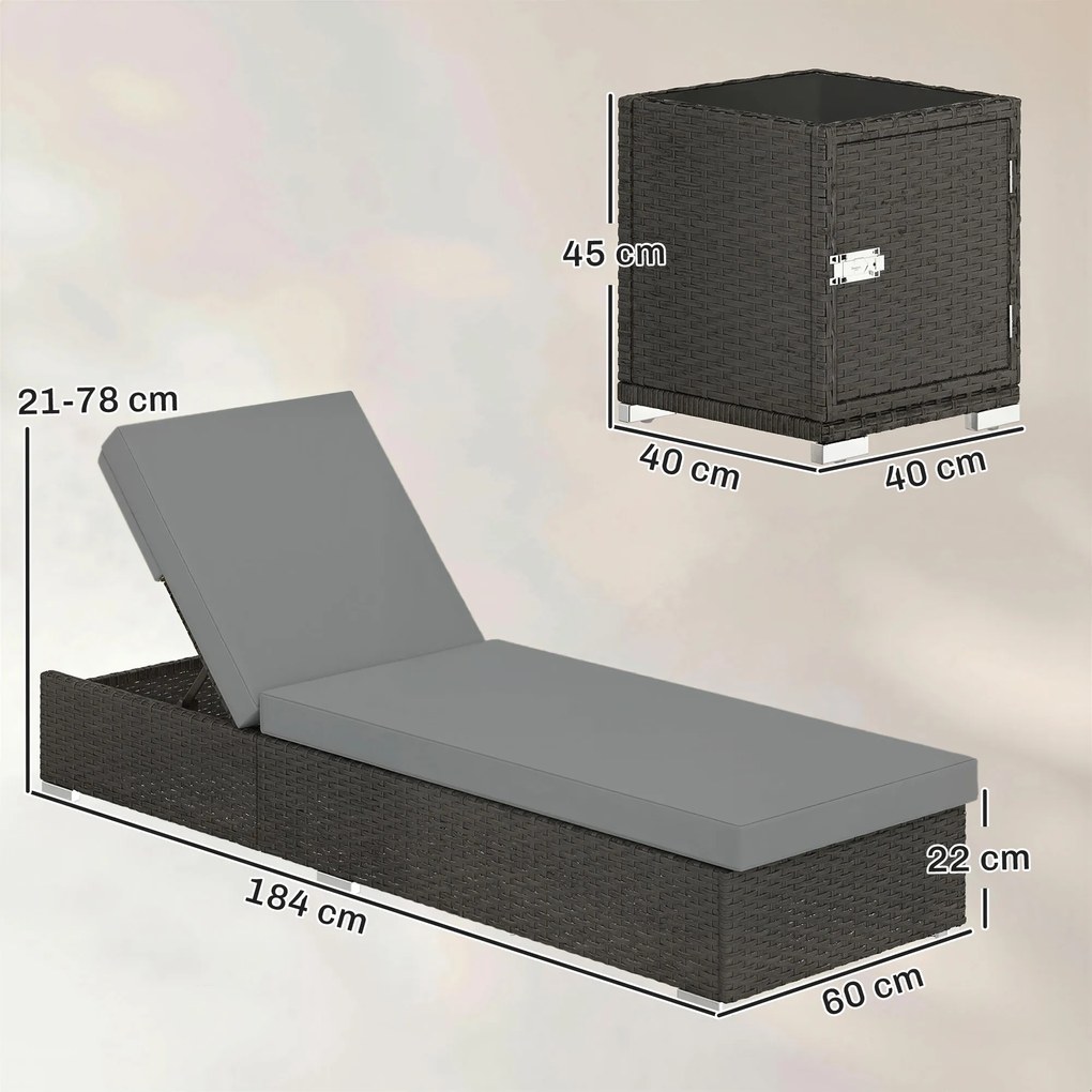 Outsunny Set 2 Șezlonguri de Grădină din Ratan cu Măsuță Laterală și Spătar Reglabil, 184x60x22 cm, Gri Închis | Aosom Romania