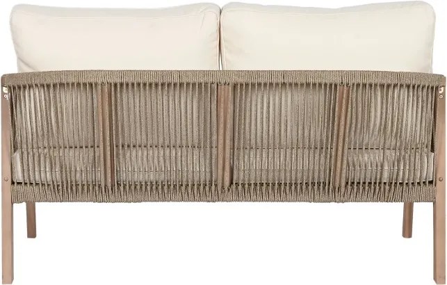 Set lounge exterior premium din lemn de acacia cu frânghie împletită, canapea, 2 fotolii și măsuță cu perne din stofă, „Capri”
