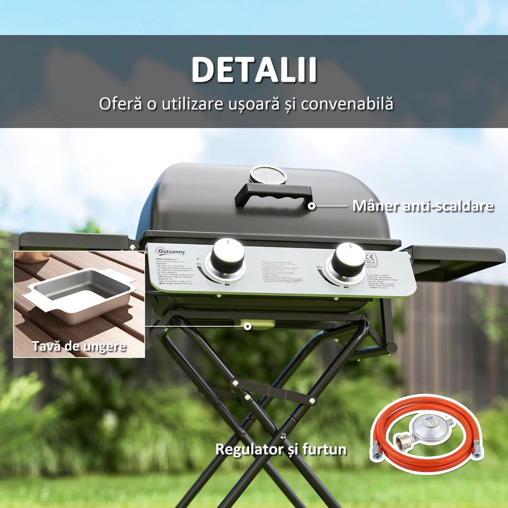 Outsunny Barbecue pe Gaz 2 Arzătoare, 2 Rafturi, Capac și Termometru Negru | Aosom Romania