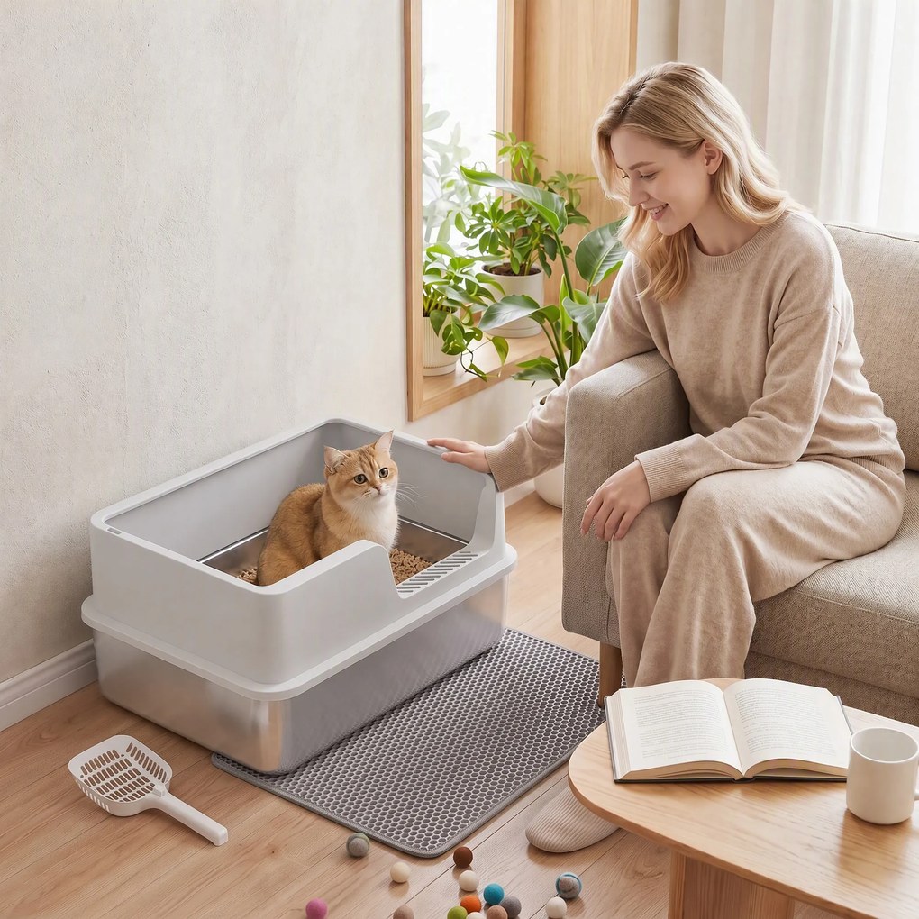 PawHut Litieră pentru Pisici xl cu Covoraș, Tavă din Oțel Inoxidabil, Lopățică, Perie, Până la 8 Kg, Gri Deschis | Aosom Romania