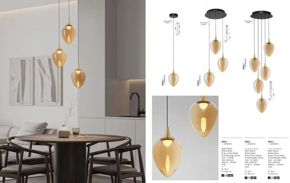 Pendul LED modern, Metal, Sticla, Champaign, Nali