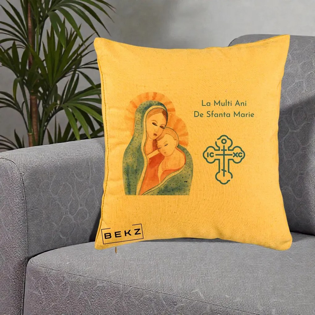 Cadou de Onomastica - Perna Personalizata Sfanta Marie Icoana Acuarela, 40x40 cm, Galben, Husa Detasabila, Perna Inclusa, BEKZ®