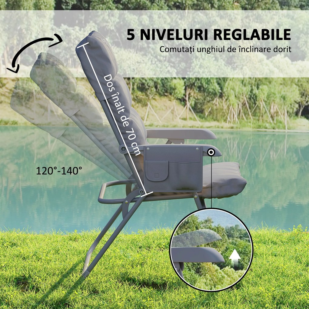 Outsunny Scaun de Camping Pliabil cu Spătar Înalt Reglabil în 5 Poziții și Buzunare Laterale, 66x58x105 cm, Gri Deschis | Aosom Romania