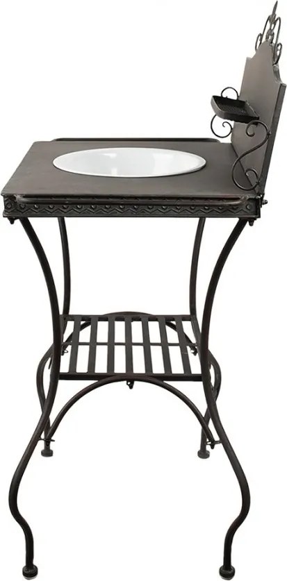 Masă consolă vintage din metal, maro, cu lighean alb, raft, bare laterale și creastă cu floare de crin, 114 x 72 x 48 cm, „Lavandiere”