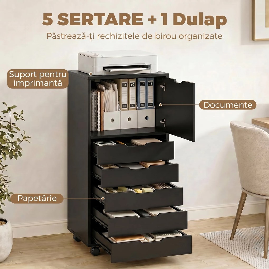 HOMCOM Fișet de Birou cu 5 Sertare și Roți, Negru | Aosom Romania