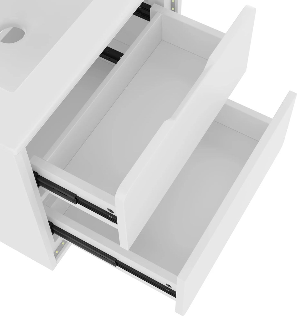 Dulap de baie suspendat pe perete cu iluminare LED cu senzor radar, două sertare și chiuvetă integrată din ceramică, 60x46x50 cm, Alb