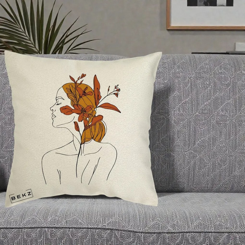 Perna Decorativa Portret Feminin Crin Ruginiu Auriu, 40x40 cm, Ecru, Husa Detasabila, Perna Inclusa, BEKZ®