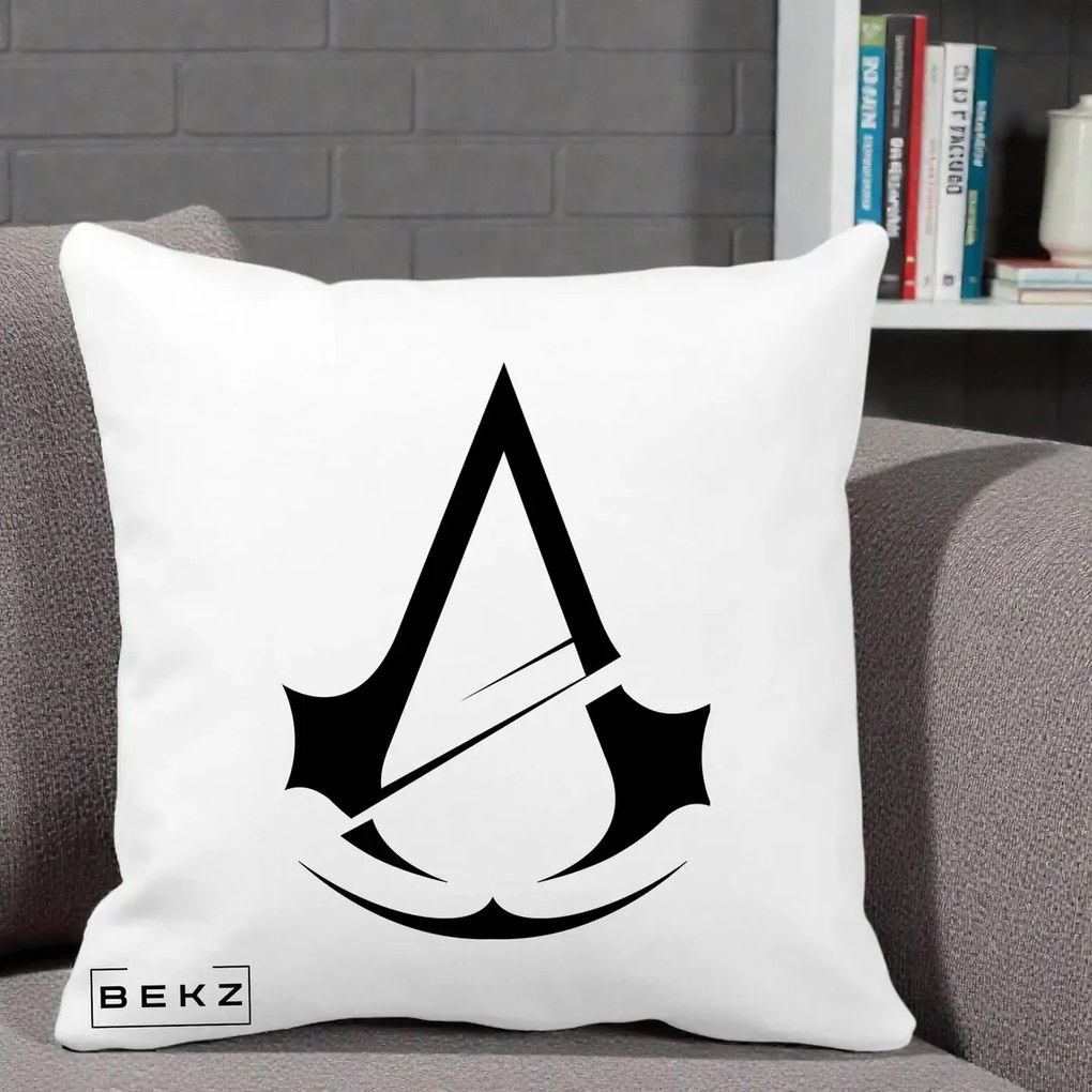 Perna Personalizata Assassin's Creed Minimalist, 40x40 cm, Alba Mata, Husa Detasabila, Perna Inclusa, BEKZ®