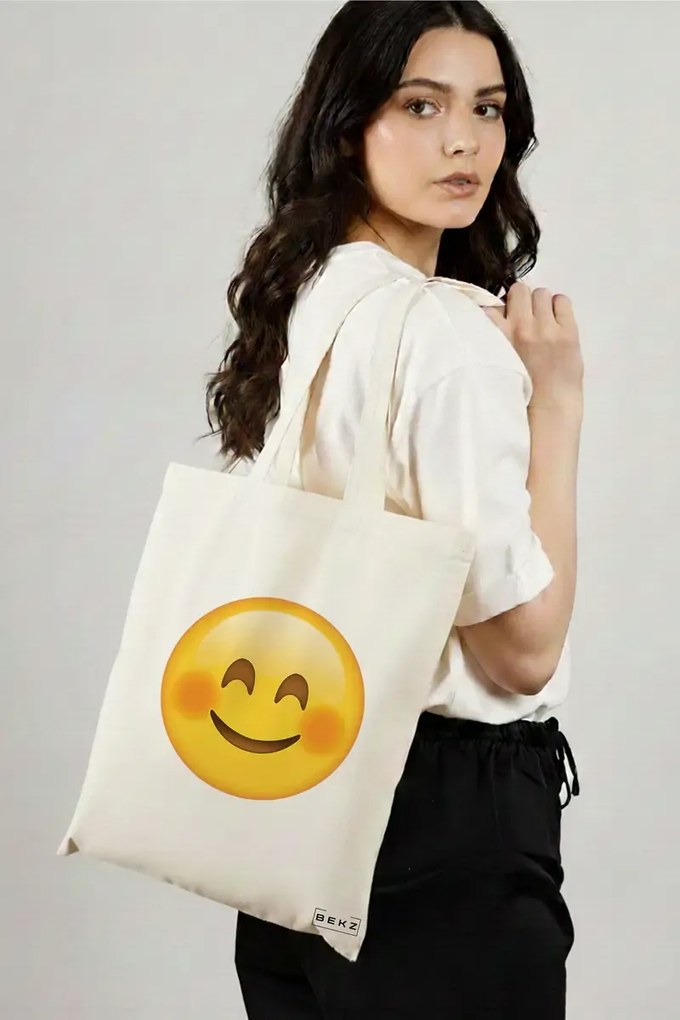 Sacosa de Panza pentru Cumparaturi, Geanta Tote, model Smiling Emoji, 38x34.5 cm, Alba, BEKZ®