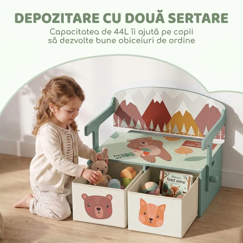 AIYAPLAY Bancă 3 în 1 pentru jucării copii, convertibilă în masă și scaun, cu 2 compartimente, imprimeu ursuleț, verde | Aosom Romania