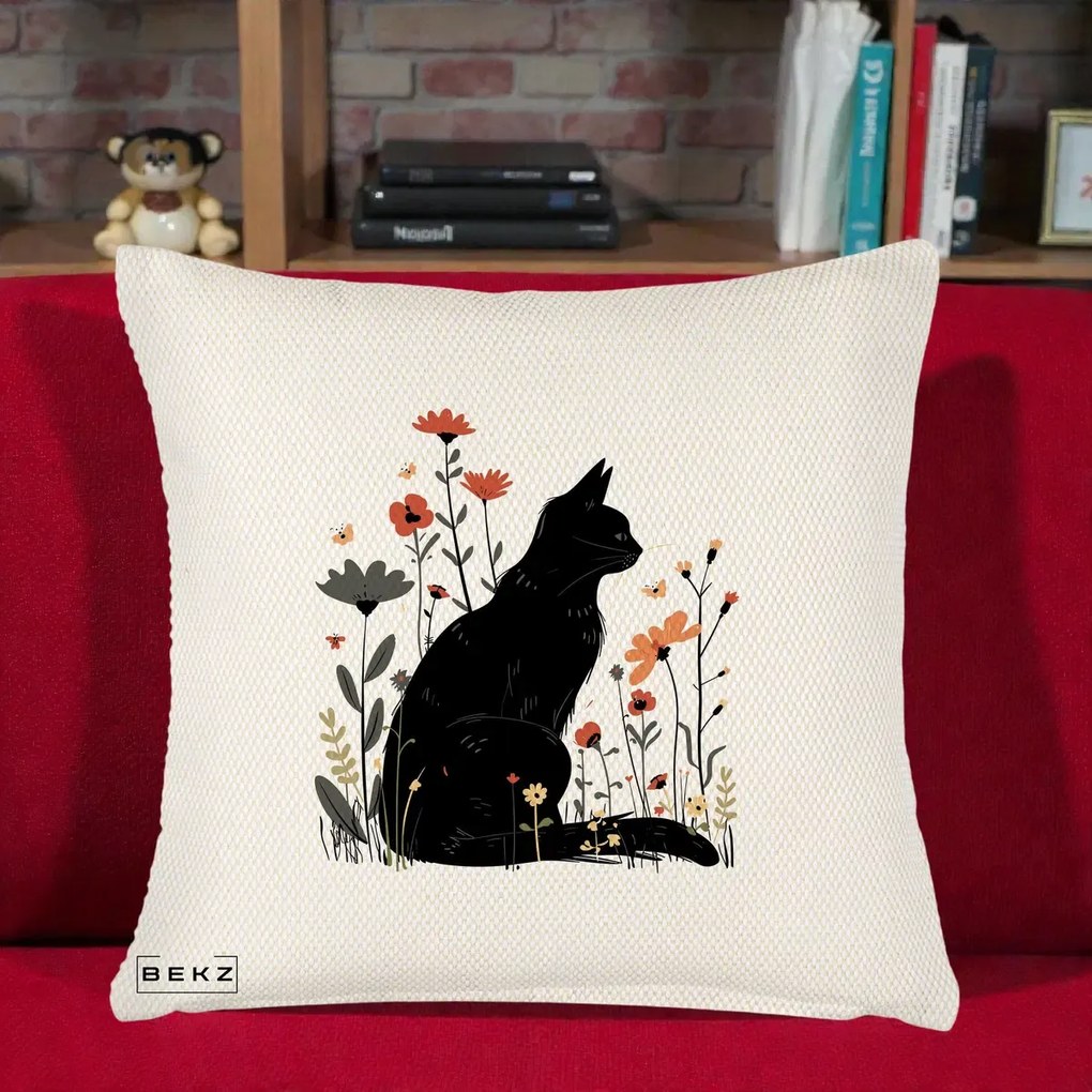 Perna Decorativa Pisica Neagra Profil Flori Portocalii, 40x40 cm, Crem Reliefat, Husa Detasabila, Perna Inclusa, BEKZ®