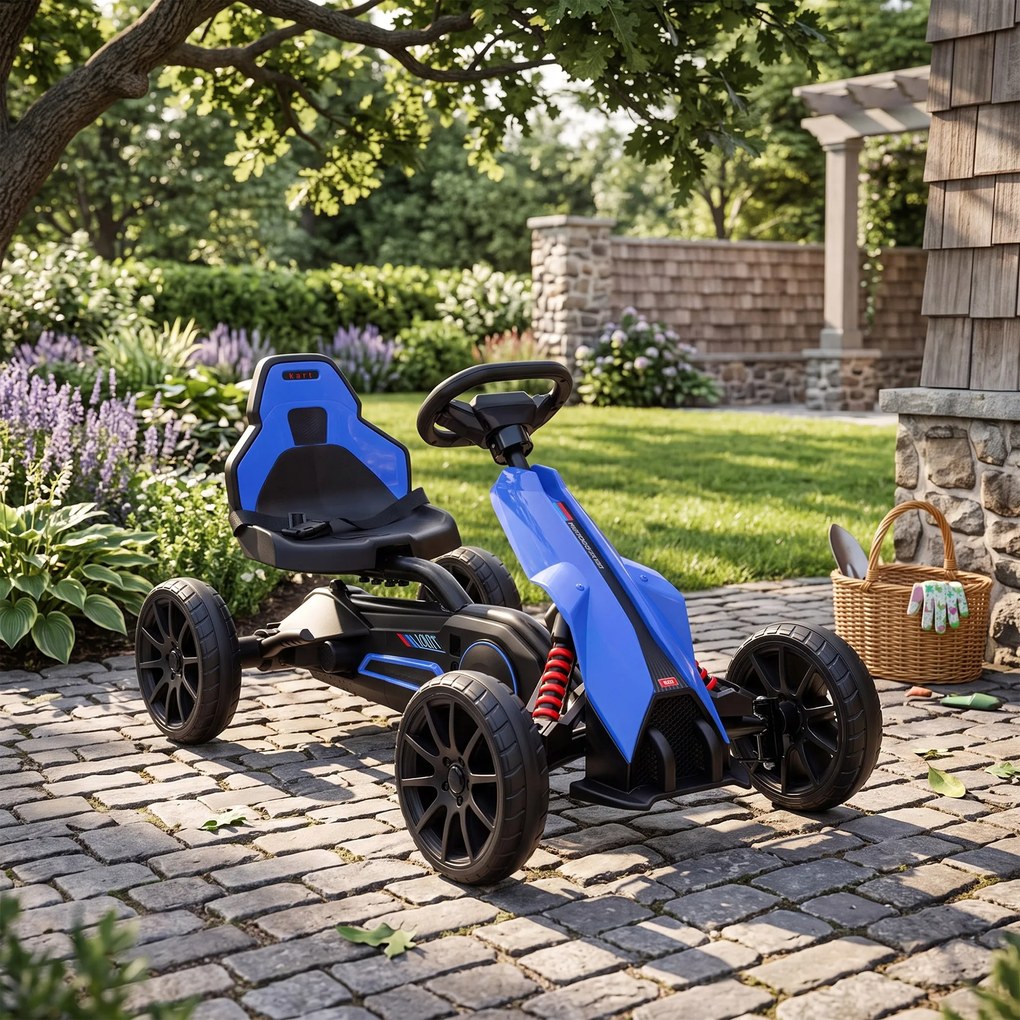 Kart cu pedale pentru copii cu vârsta de 3-8 ani cu scaun reglabil în 4 poziții și roți EVA, 100x58x58,5cm, albastru-negru HOMCOM | Aosom Romania