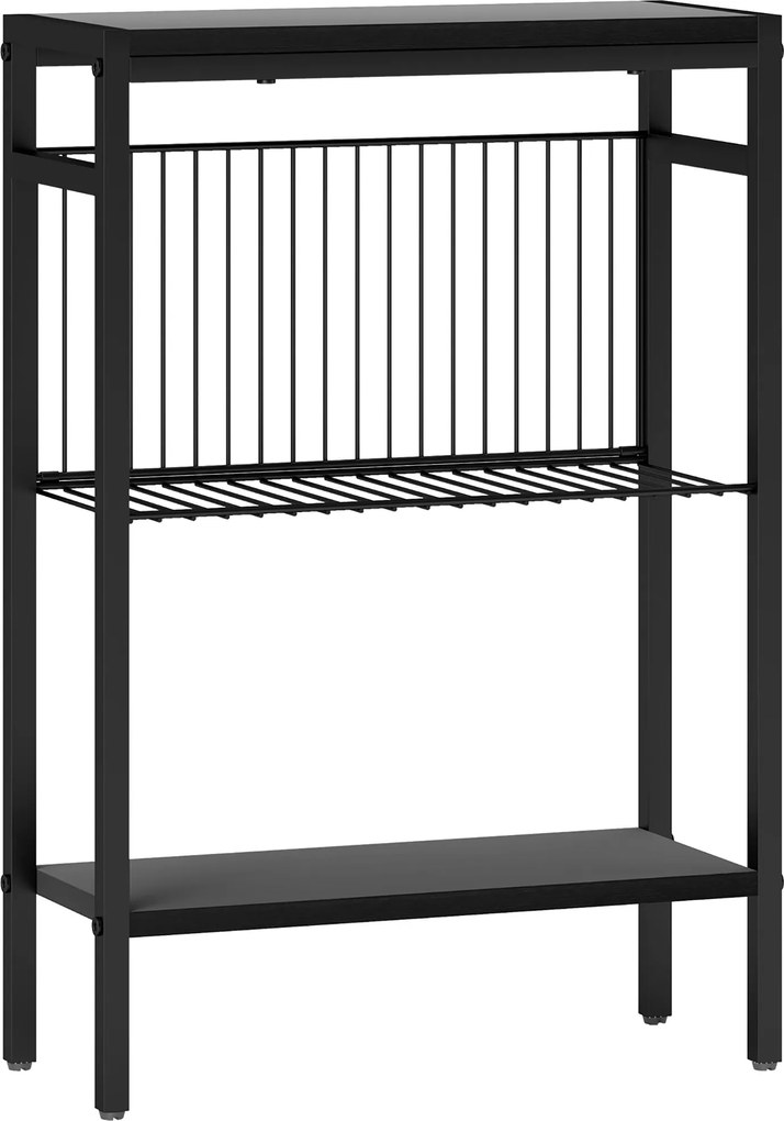 HOMCOM Masă laterală, design în 3 niveluri, rafturi cu aspect lemn, cadru din oțel, negru | Aosom Romania