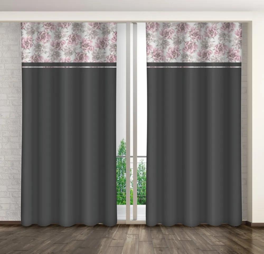 Draperie decorativă de culoare gri închis cu imprimare de bujori roz Lățime: 160 cm | Lungime: 250 cm