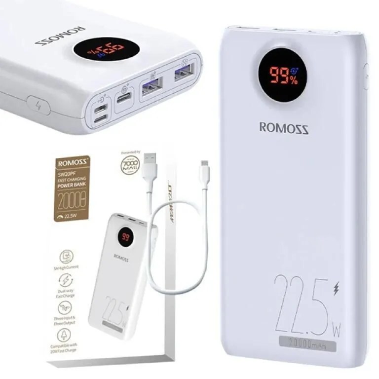 Acumulator extern Romoss 20000mAh 22.5W 2xUSB 1xUSB-C 1xMicroUSB 1xLightning Indicator baterie Alb