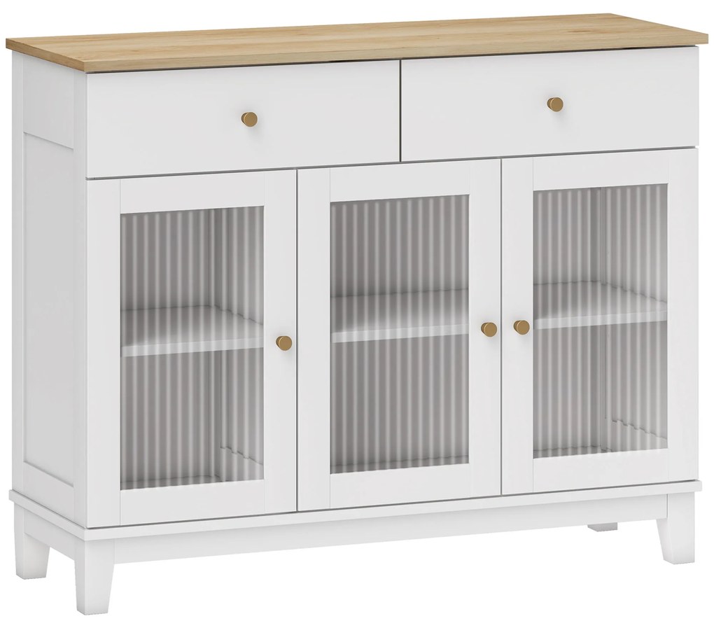 HOMCOM Bufet salon cu 2 dulapuri cu uși din sticlă temperată canelată, 2 sertare și rafturi reglabile, 100 x 35 x 80,3 cm, alb | Aosom Romania