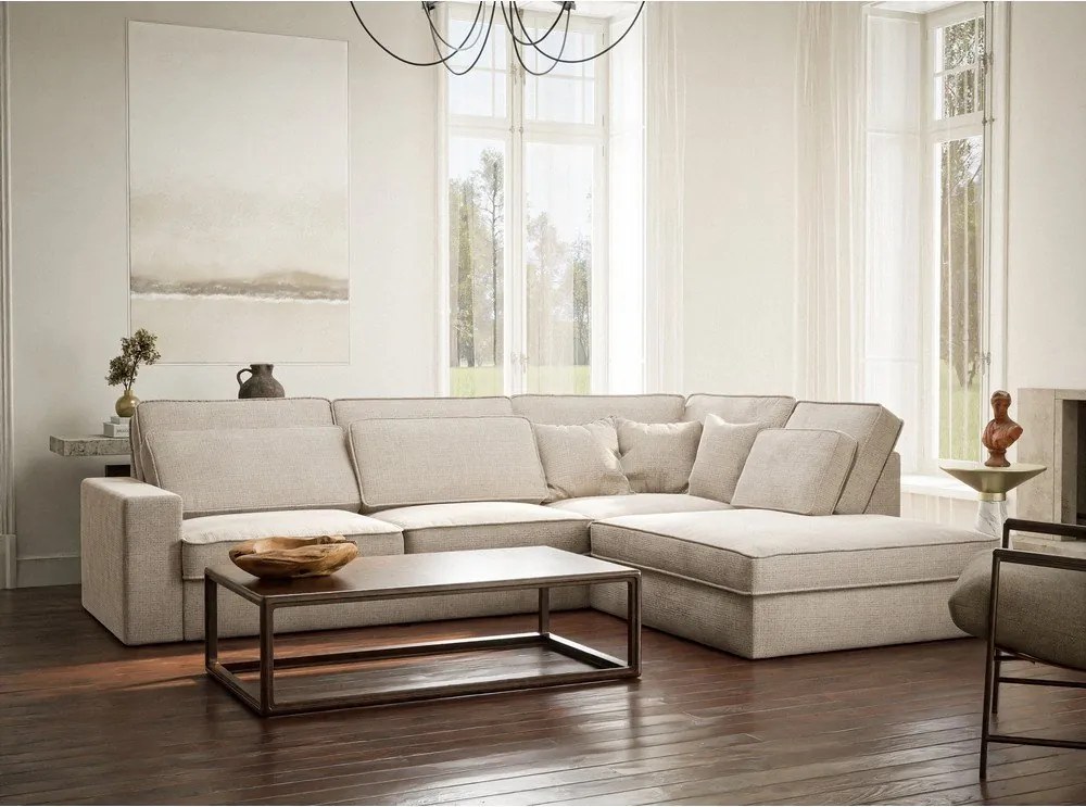 Colțar crem cu tapițerie din chenille (cu colț pe partea dreaptă/în formă de ”L”) Kirou – Maison de Rêve