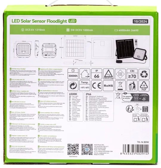 Proiector LED solar dimabil cu senzor Aigostar LED/80W/3,4V IP66 + telecomandă