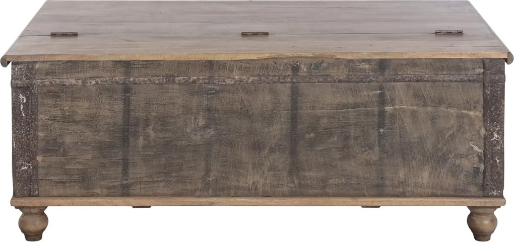 Cufăr vintage din lemn reciclat și metal, natur, cu feronerie în relief și picioare rotunde, finisaj patinat, 52 x 127 x 66 cm, „Lamanon”