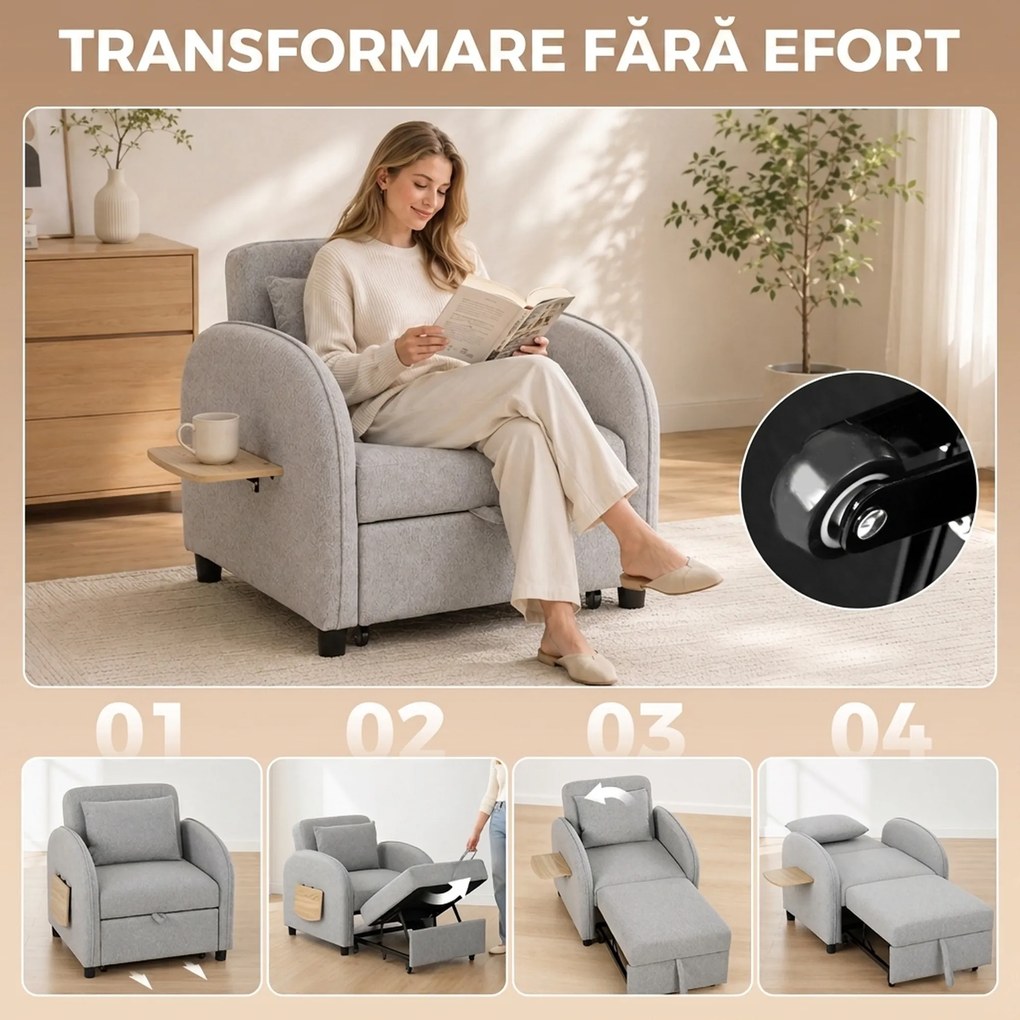HOMCOM Fotoliu Extensibil 3 în 1 cu Spătar Reglabil, Tapițat din In și Lemn, 78x88x82 cm, Gri | Aosom Romania